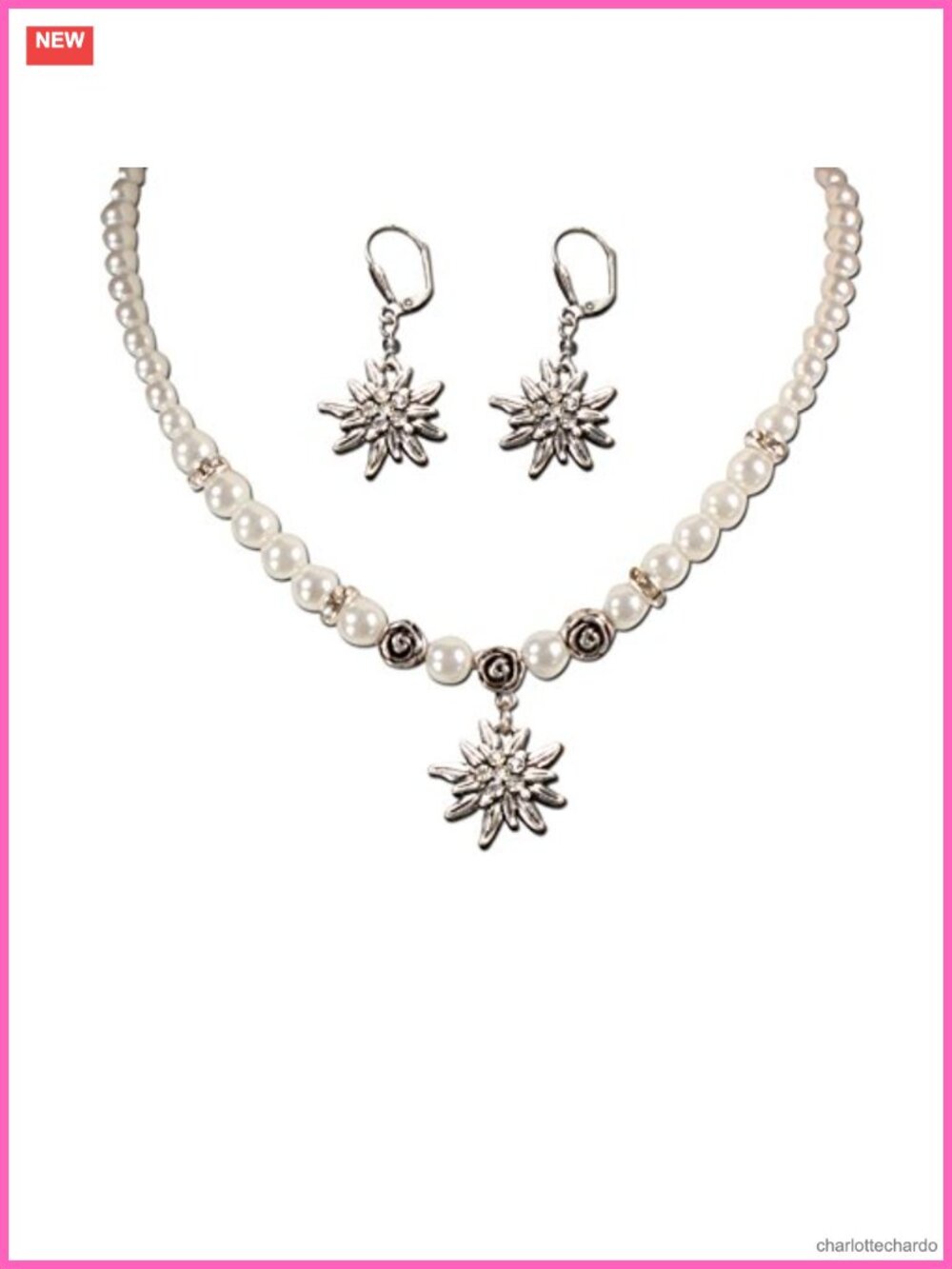 Traditional Pearl Necklace and Earrings Set Rhinestone Edelweiss Oktoberfest